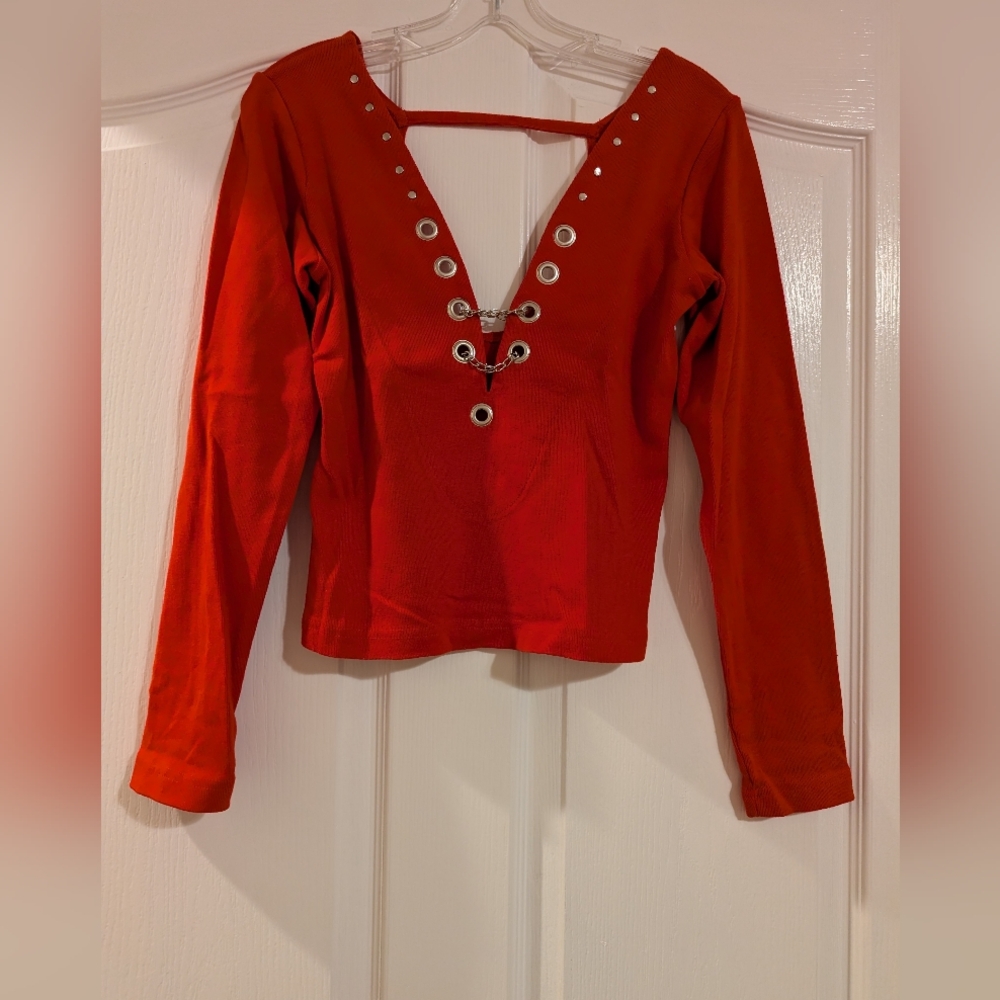 Red Cotton - Chrome Grommets & ⛓️‍💥 Long Sleeve Top